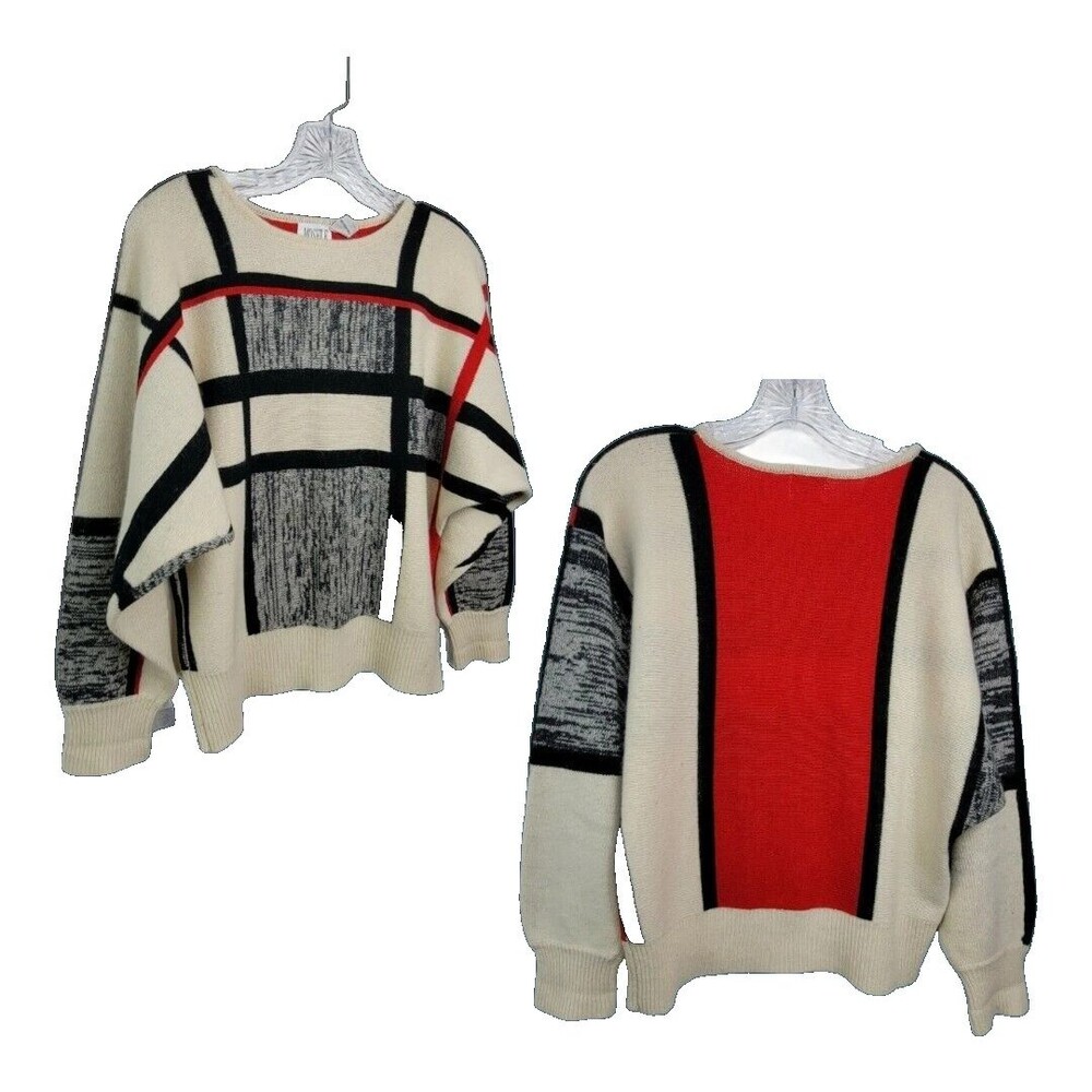 Vintage MOSELE Wool Angora Mohair Sweater Black Red White Gray Abstract Plaid SM